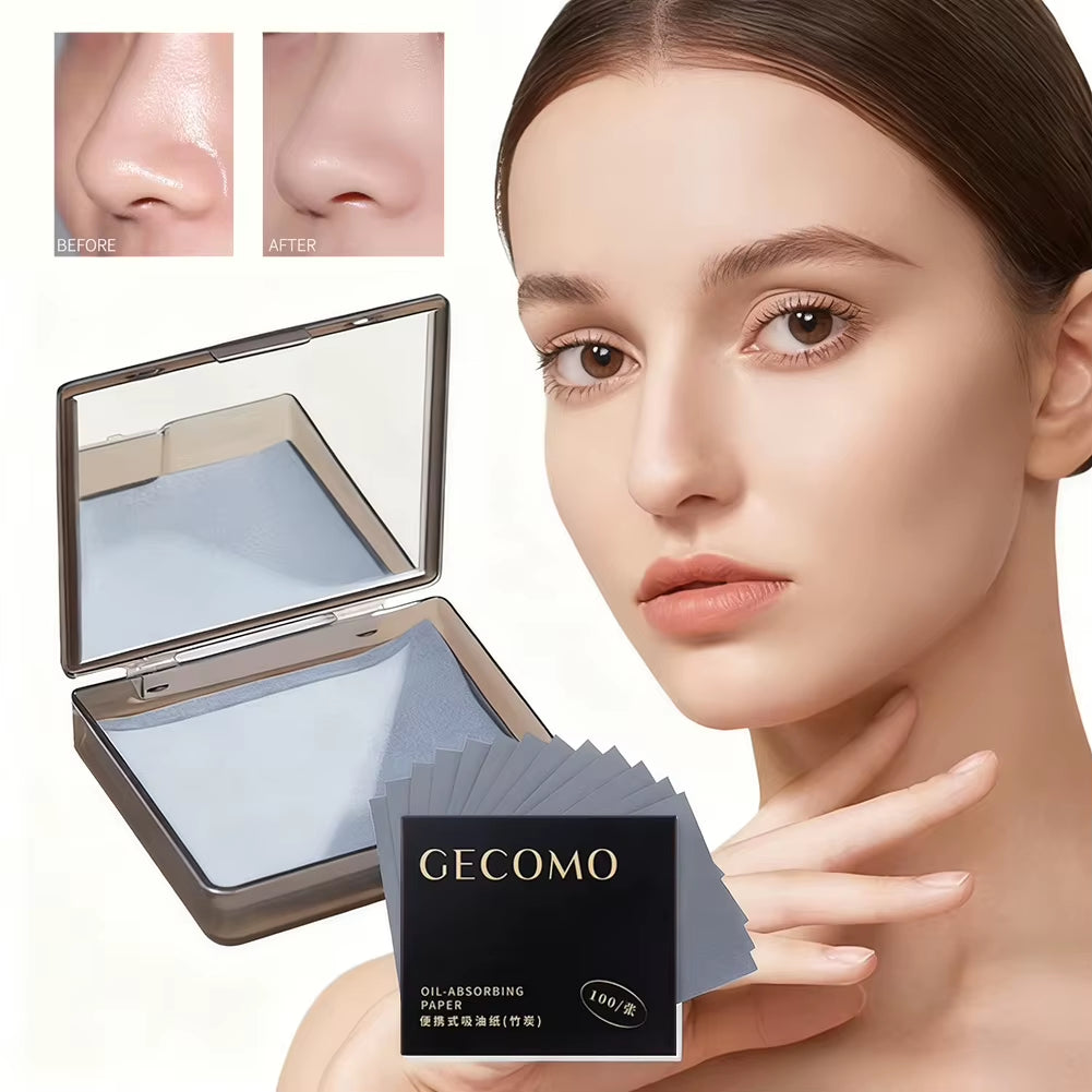 100 Sheets Oil Blotting Papers with Case & Powder Puff Oil Absorbing Sheets Bamboo Charcoal Face Oil Blotting Sheets for Make Up