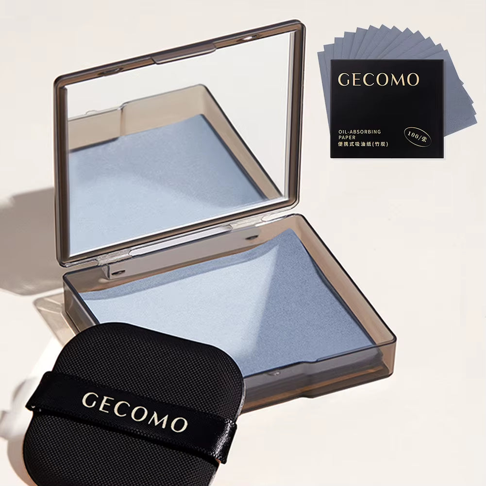 100 Sheets Oil Blotting Papers with Case & Powder Puff Oil Absorbing Sheets Bamboo Charcoal Face Oil Blotting Sheets for Make Up
